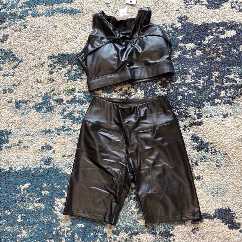 Black Faux Leather Crop Top and Shorts Set